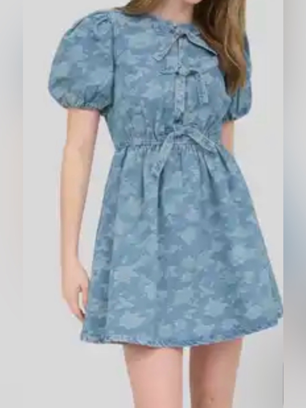 Blue Puff-Sleeve Denim Dress - Lightweight Floral Print